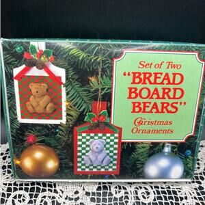 Vintage 1986 Christmas Ornament Set 2 Flocked “Bread Board Bears” 1980s Taiwan